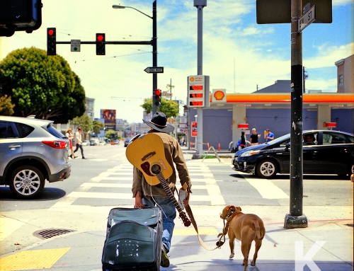 Man with a guitar and pitbull